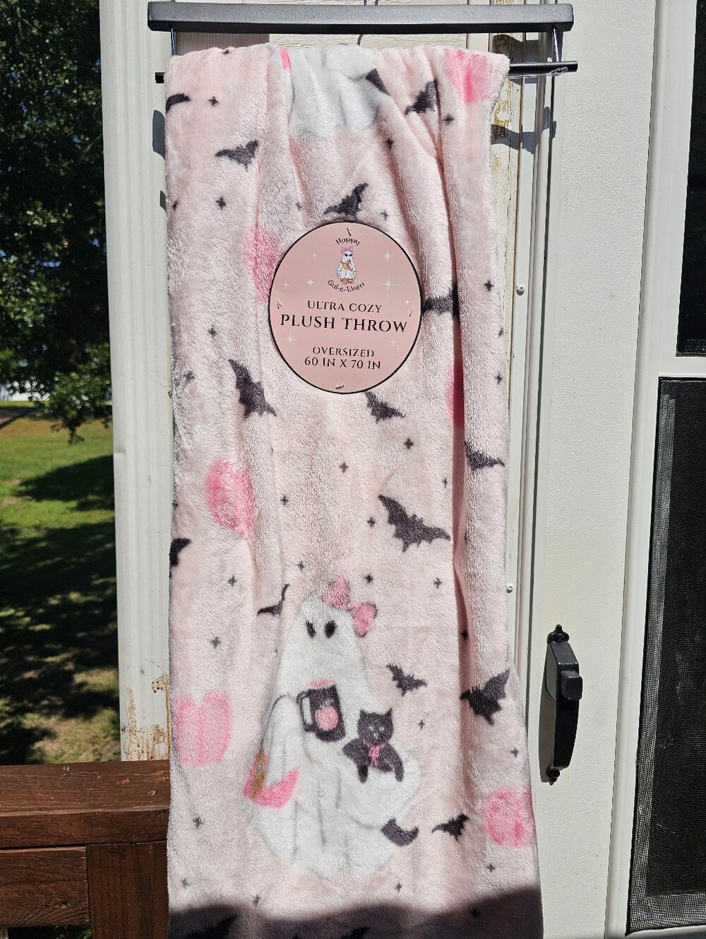 Pink Halloween Ghost Girl Holding Coffee Purse Pet Black Cat Oversized Blanket